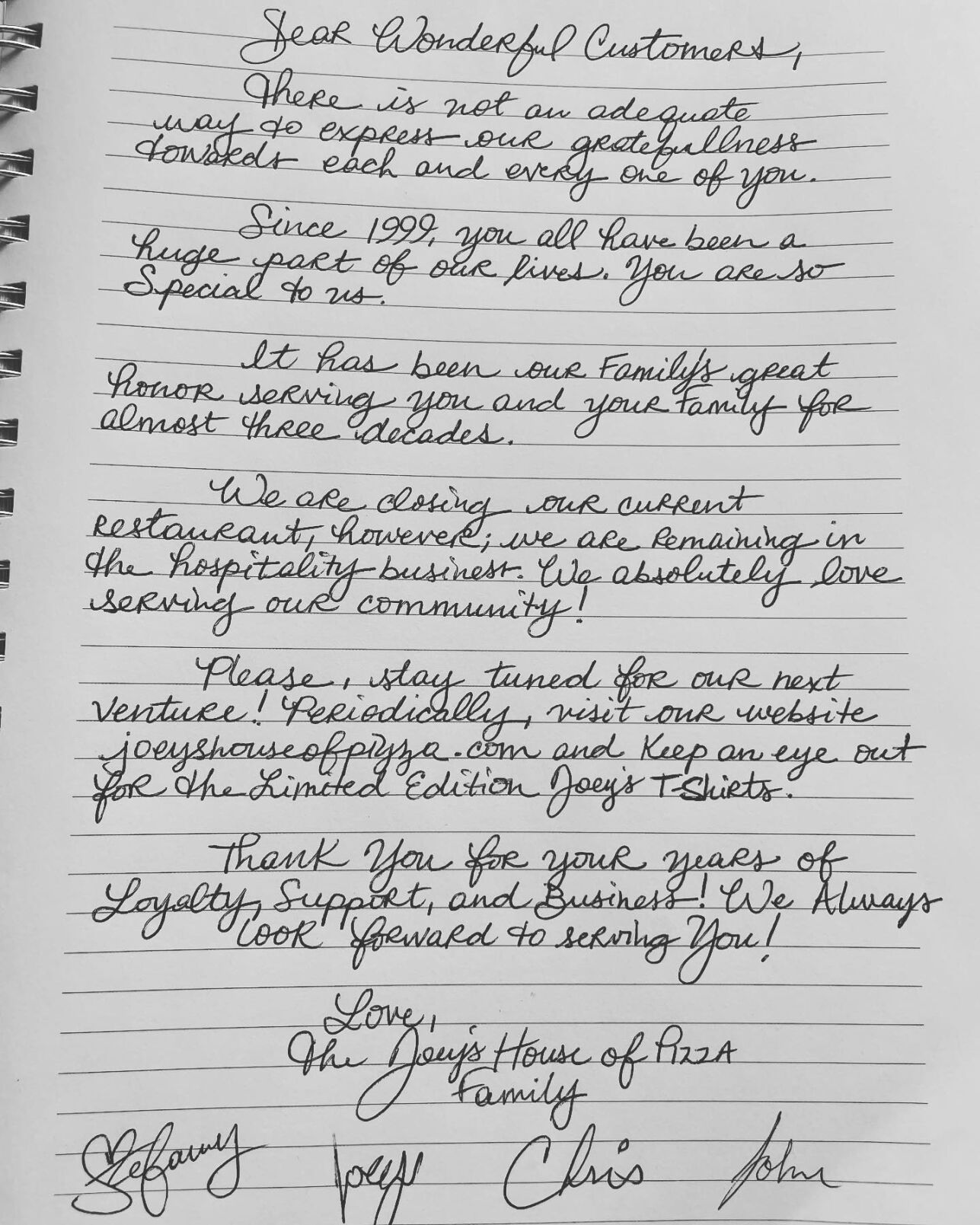Joey's Closing Announcement